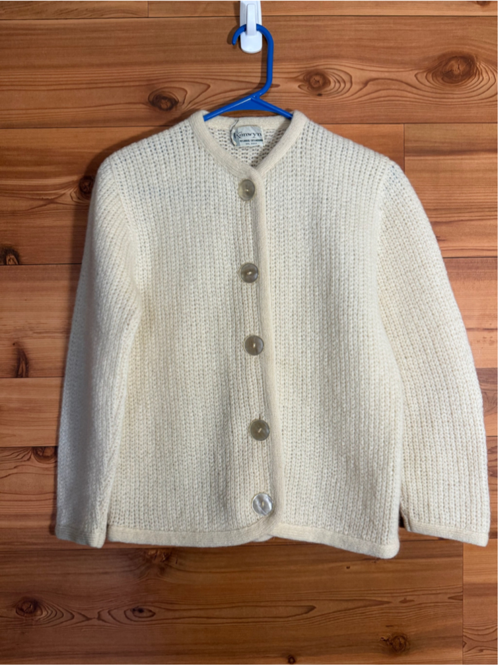 Vintage kenwyn mid century wool mohair button up crochet cream cardigan sweater - Picture 2 of 8
